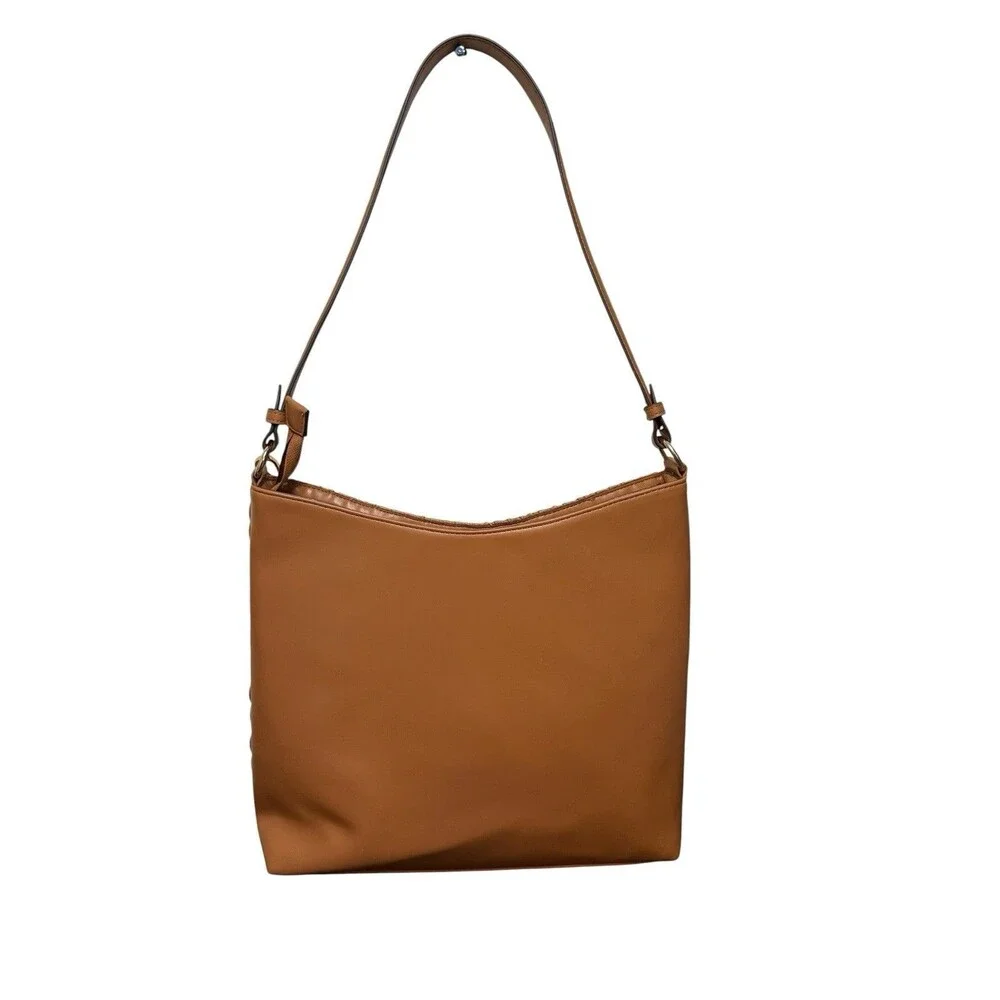 Nicole Miller New York Brown Woven Satchel Shoulder Bag Purse Zip Gold HW EUC